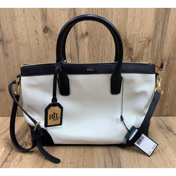 Lauren Ralph Lauren Fairfield Satchel Handbag Purse Vanilla Black Cow Leather